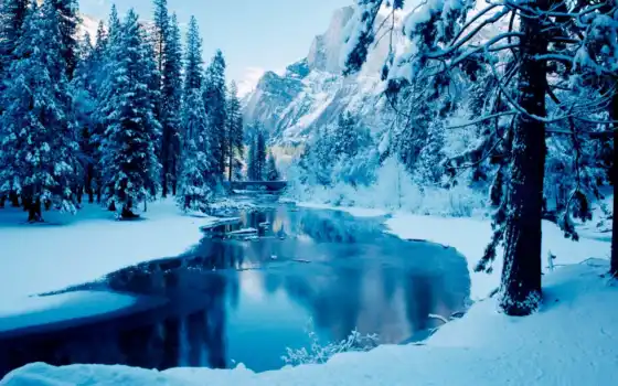 зима, горный лес, горный цвет, рисование, река