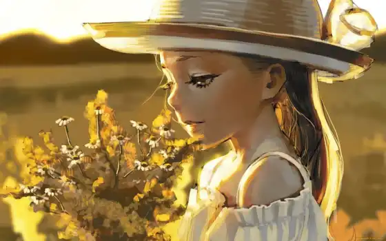 шляпа, девушка, букет, title, цветы, поле