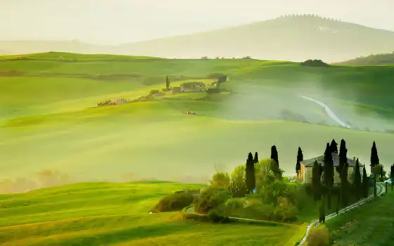 тоскана, Италия, пейзаж, лето, природа, холм