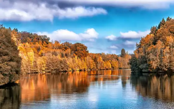 осень, озеро, дерево, отражение, лист, природа, гора, река