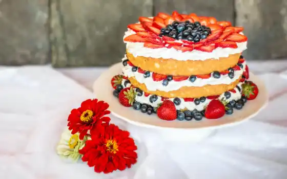 торт, ягода, layer, мороженое, vanilla, fresh, red, цветы, клубника, черника