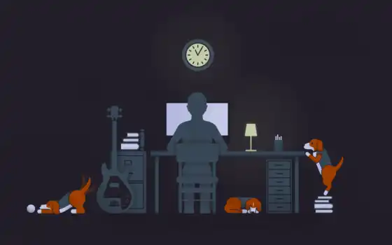 собаки, черные, компьютер, парень, иллюстрация, одиночество, стол, лампа, гитара, дротика,