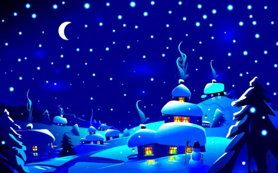 winter, вектор, illustration, снег, луна, star, christmas, небо, landscape, ночь