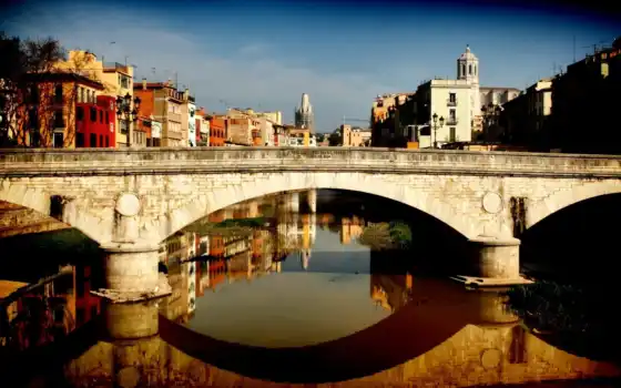 мост, город, река, картинка, канал, дома, girona, картинку, landscape, reflection, ancient, spain, 