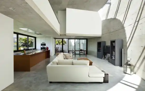 интерьер, дизайн, белый, диван, серый, стиль, дом, tech, монитора, 