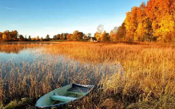 домики, осень, озеро, деревья, лодка, 