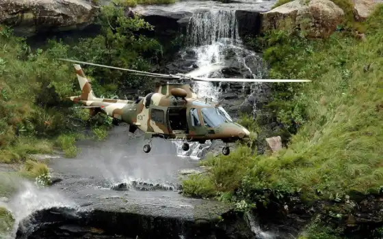 авиация, вертолёт, водопад, горы, вода, лес