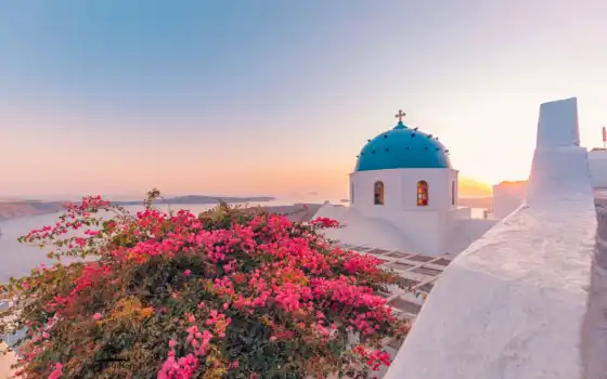 greece, море, bougainvillea, oia, dome, цветы, church, aegean, santorinit