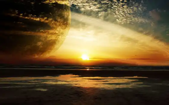 закат, море, космос, планета,