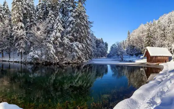 зима, река, пейзаж, озеро