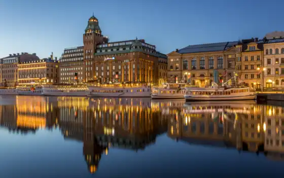 hotel, radisson, strand, отражение, stockholm, город, европа, sweden, dusk, река
