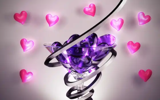 фиолетовый, стеклянный, мартини, сердца,