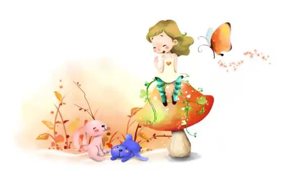 нарисованные, девочка, зайцы, гриб, бабочка, цветы