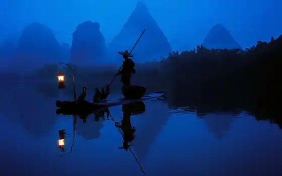 рыбак, лодка, утро, китаянка