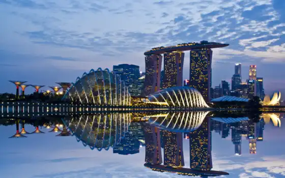 сингапур, сингапур, бухта, сады, небо, небоскребы, вечер, архитектура, огни, отражение, город, облака, огни, обои, город, hd,