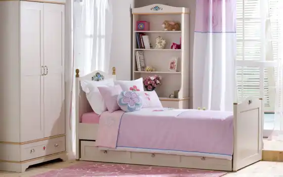 занавеска, кровать, окно, комната, розовая, шкаф, полки, pink, bedroom, книги, цветы, подушки, вазе, ue, 