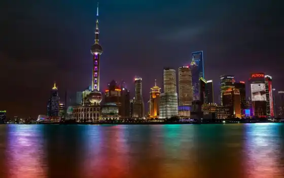 shanghai, ночь, skyline, 