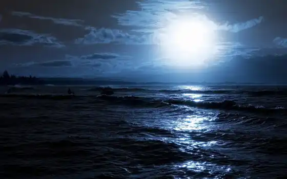 море, ночь, луна, волны, плавание, след, лучи, св,