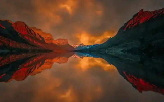 отражение, озеро, закат