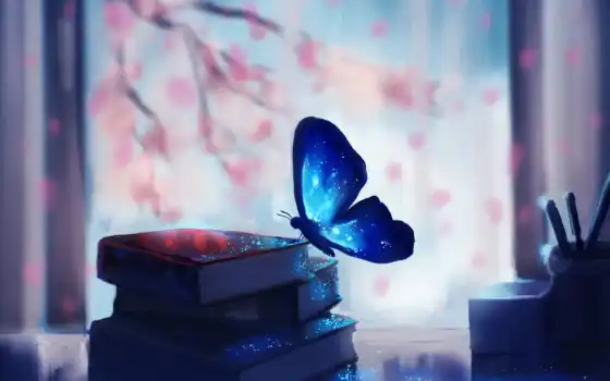 бабочка, книга, blue, арта, sit, сакур, качественные, магия, утро