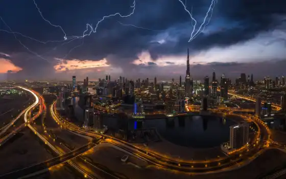 буря, lightning, dubai, город, вечер, dark, cityscape, тема