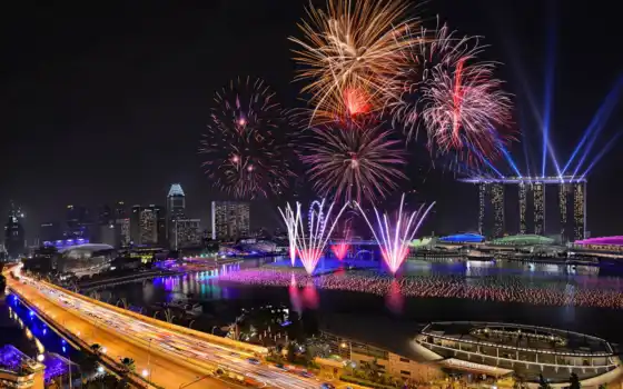 сингапур, фейерверки, новый, год, ночь, город, огни,