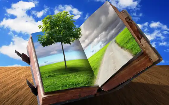 книга, открытая, горная, креатив, трава, облака, зелень, поле,
