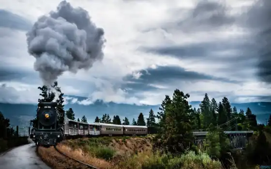 поезд, дым, локомотив, дорога, природа, взгляд, 