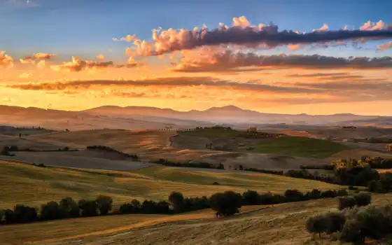 tuscany, italy, заклинание, поле, лето, облака, август, пин,
