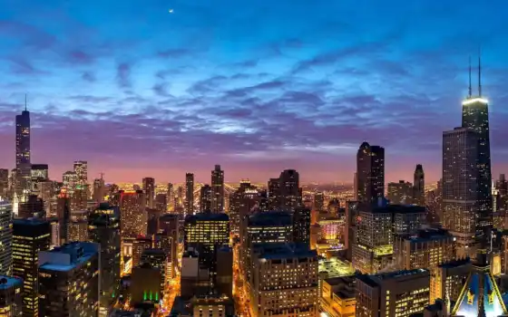 ночь, город, chicago, здания, панорама, небоскребы, 