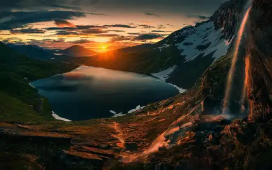 озеро, горный пейзаж, солнце, фор, дом