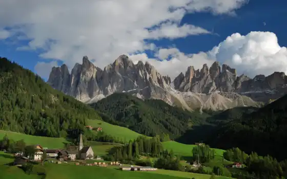 italian, альпы, долина, доломитовые, небо, горы, oblaka, funes, города, 