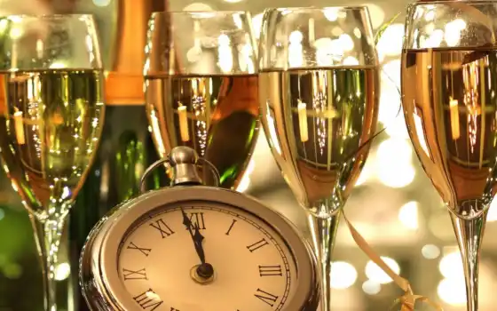 шампанское, бокалы, часы, полночь, год, новый, 
