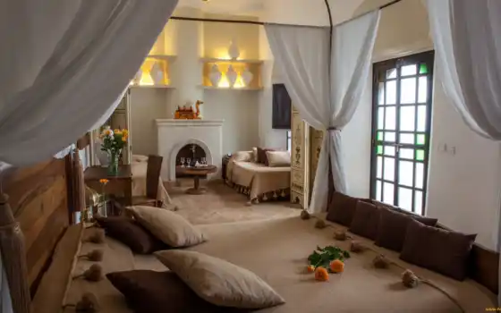 интерьер, спальня, стиле, марокканском, кровать, 