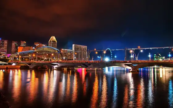 город, singapore, высотки, миро, shirokoformatnyi, мост, ночное, биг