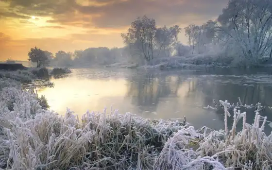 зима, озеро, природа, снег, вода, удаление