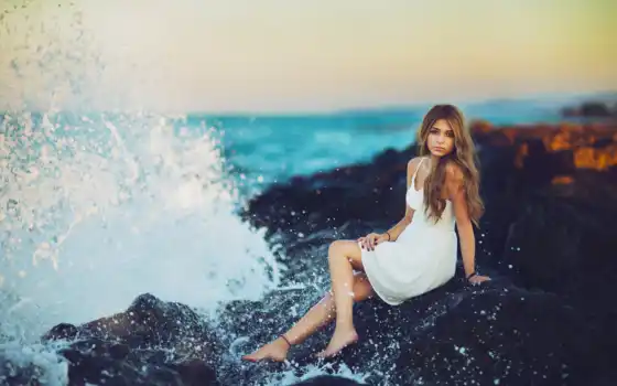 девушка, море, пляж, платье, модель, сидит, моря, картинка, 