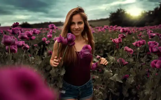 женщина, поле, девулька, волосы, на открытом воздухе, цветы