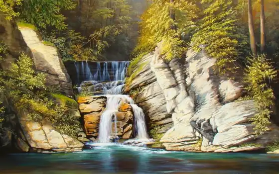 водопад, краска, гора, живопись