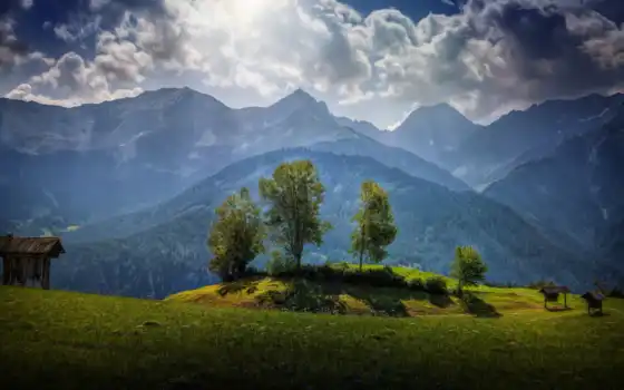 гора, дерево, трава, лес, облако