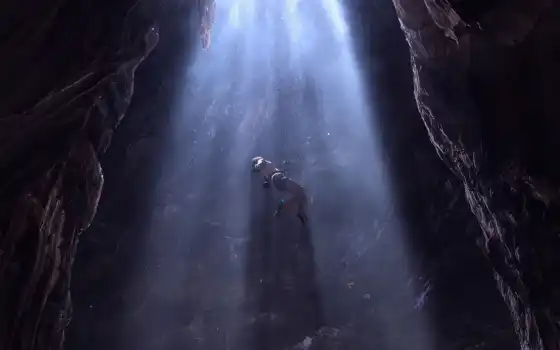 , человек, свет, водопад, темнота, пещера