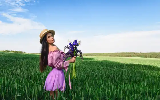 девушка, цветы, поле, шляпа, волосы, смотреть, модель, букет, глаза, женщина