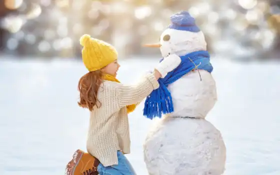 снеговик, девушка, снег, ребенок
