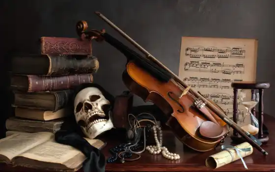 нота, скрипка, череп, натюрморт, книга