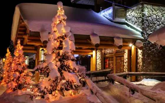 зима, Финляндия, снег, рождество, дом, лапландия, дерево, огонь