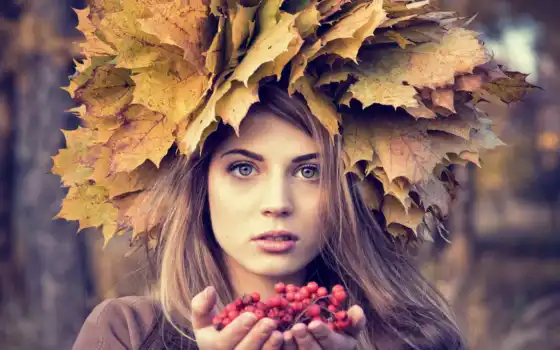 ягода, лиф, осень, рябина, ветвь, арт, красная, цветная, портрет