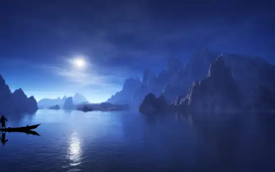 луна, озеро, гора, природа, море, ночь, фон, фото