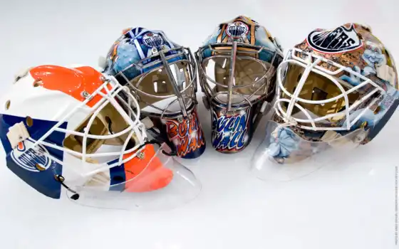 хоккеист, шлемы, хоккейные, лед, маски,, 