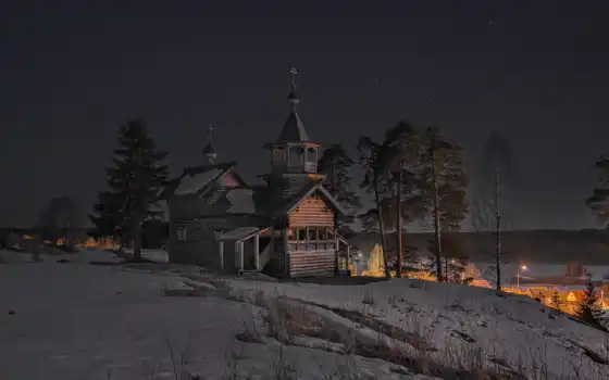 church, ночь, architecture, карелия, winter, деревня
