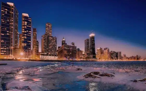 Чикаго, горизонт, город, зима, ночь, небоскреб, тыс, картинка, найти, США
